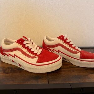 Vans Red and White Low-Top Lightning Skate Sneakers